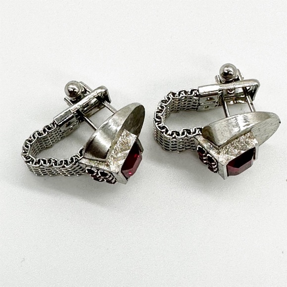Vintage Mesh Brushed Silver Tone Red Jeweled Cufflinks - Picture 4 of 9
